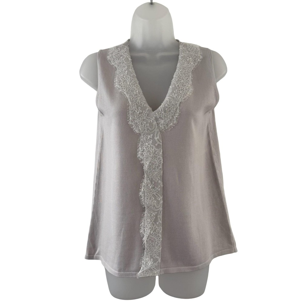 Clair De Lune Tank Top Womens Medium Gray Lace Trim Cashmere Knit Sleeveless